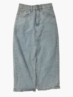 Light Wash Denim Midi Skirt with Front Slit